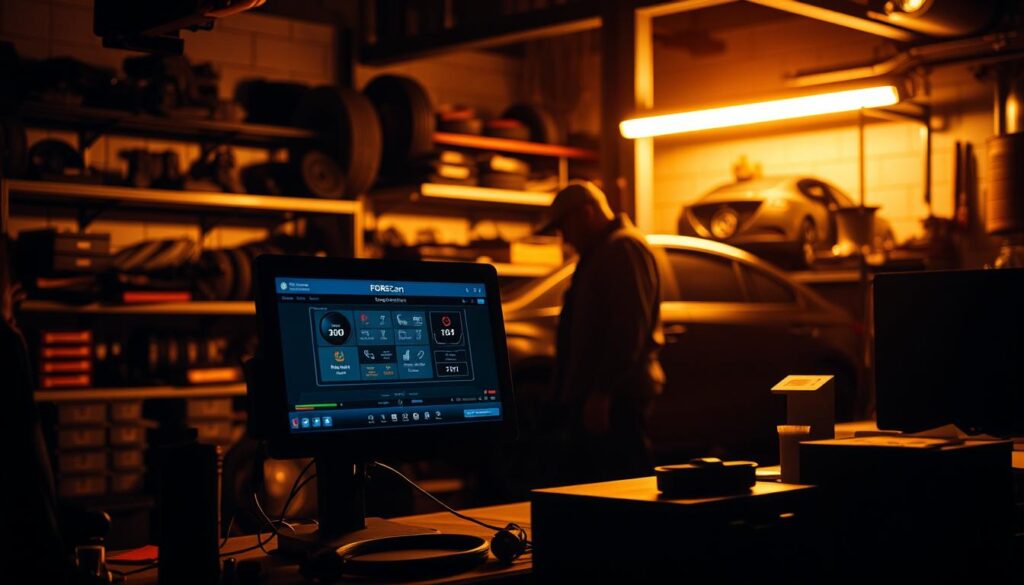 A dimly lit automotive workshop, with a computer monitor displaying the FORScan diagnostic interface on a desk in the foreground. In the middle ground, a mechanic troubleshooting a vehicle, intently studying the software readouts. In the background, shelves filled with car parts and tools, casting shadows across the scene. Warm, amber lighting illuminates the workspace, creating a sense of focus and concentration. The image conveys the process of diagnosing and resolving issues with the FORScan tire size calculator, capturing the technical nature of the task at hand.
