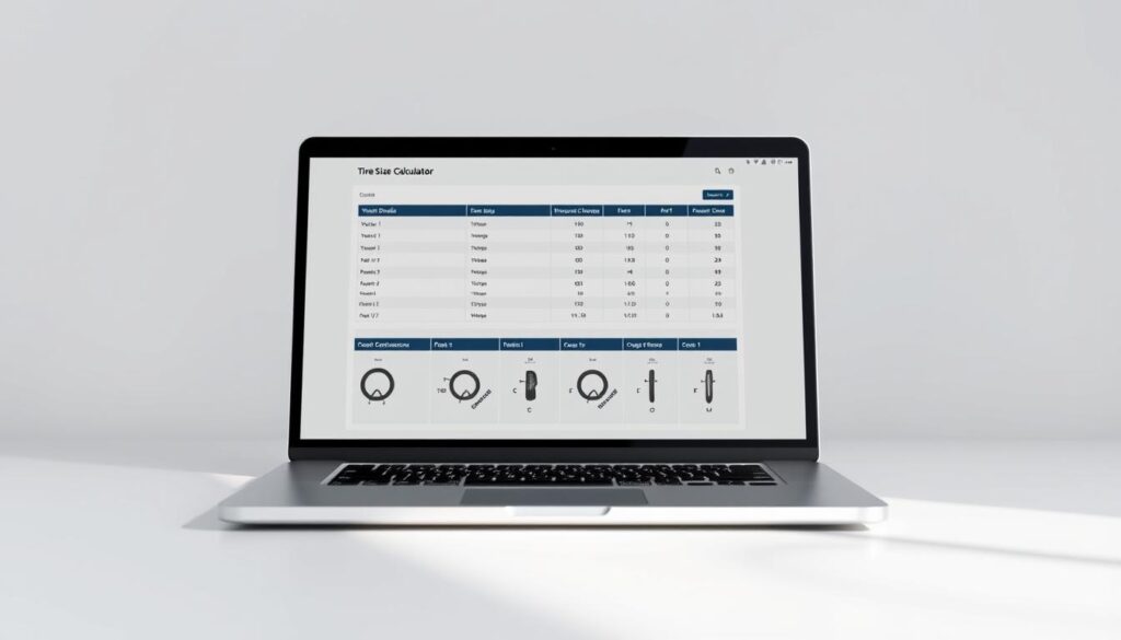 A sleek, modern interface depicting the FORScan Tire Size Calculator on a high-resolution laptop screen. The calculator's layout is intuitive, with clear sections for vehicle details, tire size, and visual representations. The screen is bathed in a soft, neutral light, creating a clean, professional atmosphere. The background is a simple, minimalist gray, allowing the calculator interface to take center stage. The camera angle is slightly elevated, providing a clear, unobstructed view of the calculator's features. The overall scene conveys the calculator's ease of use and the valuable insights it provides for users.